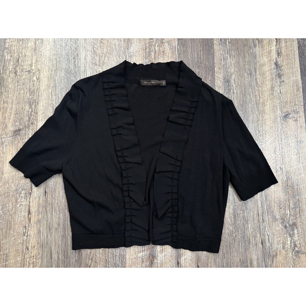 The Limited Black Ruffle Trim Short Sleeve Cropped Cardigan Sweater Womens Large